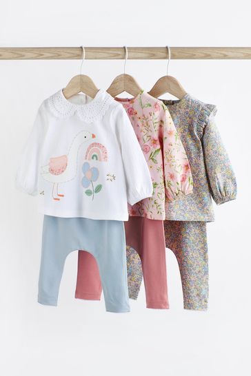 Buy Pink/Blue/Cream Floral Duck 6 Piece Baby T-Shirts and Leggings Set ...