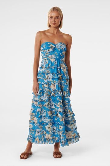 Blue floral hot sale strapless dress
