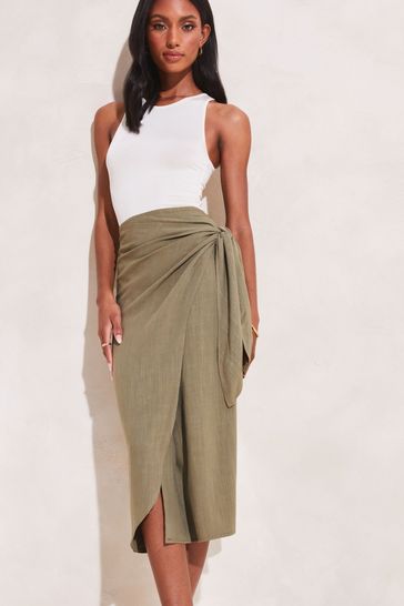 Lipsy Khaki Green Tie Waist Wrap Midi Skirt