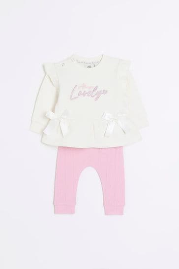River Island Pink Baby Girls Peplum Bow Sweatshirt Set