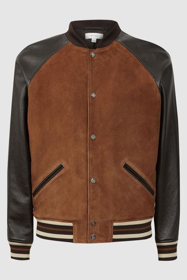 Reiss Tobacco Mackay Suede Leather Bomber Jacket