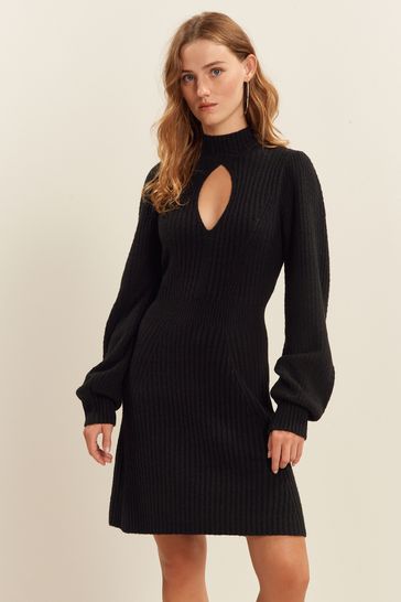 Buy Black Ribbed High Neck Keyhole Cut Out Mini Jumper Dress from Next Luxembourg
