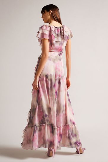 Ted Baker Pink Karenie Coral Frilled Sleeveless V Neck Maxi Dress