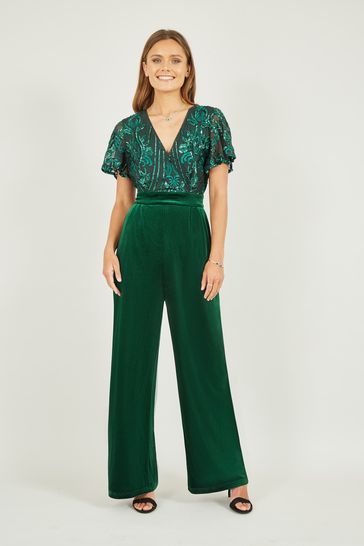 Yumi Green Sequin Embellished Velvet Jumpsuit With Angel Sleeves