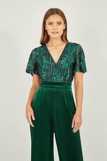 Yumi Green Sequin Embellished Velvet Jumpsuit With Angel Sleeves