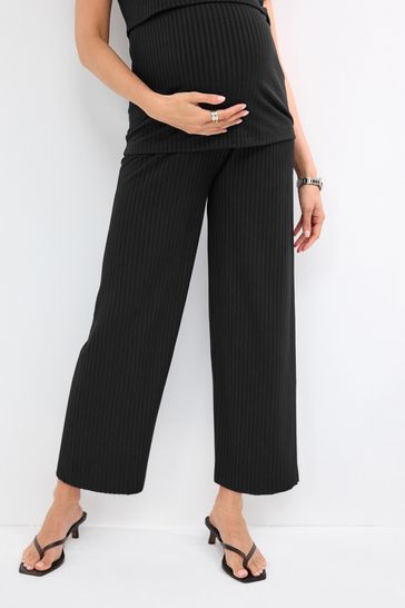 Black Maternity Rib Wide Leg Trousers