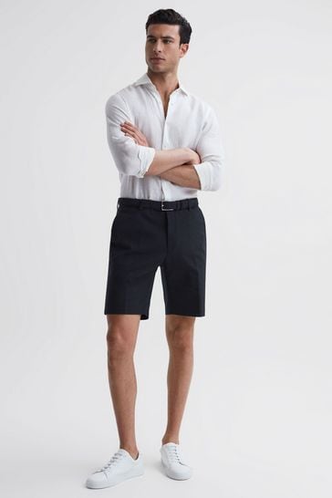 Reiss Navy Southbury Cotton Blend Chino Shorts
