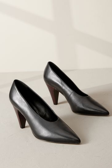 Black Signature Leather Cone Heel Court Shoes