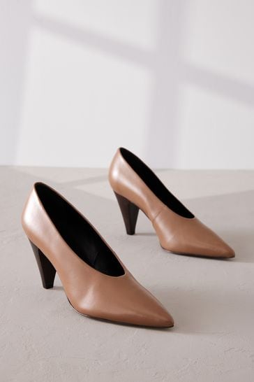 Taupe Brown Signature Leather Cone Heel Court Shoes