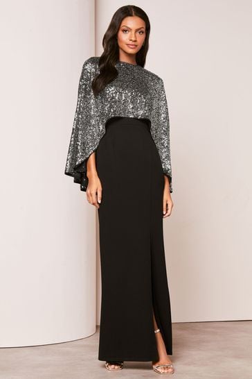 Lipsy Black Sequin Cape Maxi Dress
