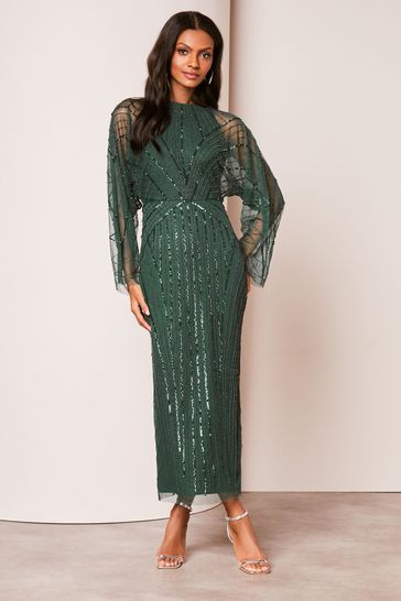 Lipsy Green Hand Embellished Mesh Sleeve Cape Maxi Dress