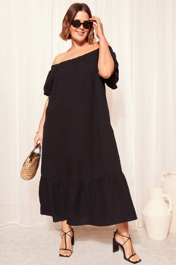 Curves Like These Black Linen Look Bardot Maxi Dress