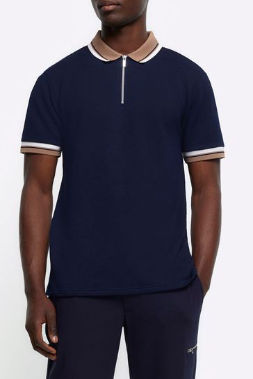 River Island Blue Tap Contrast Collar Regular Fit Polo Shirt