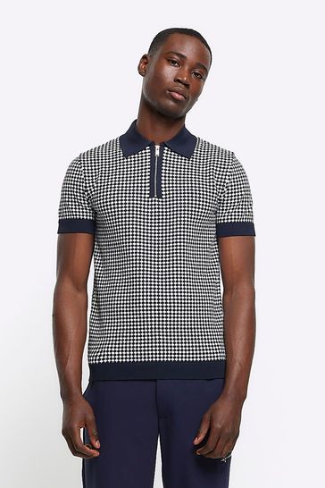 River Island Blue Muscle Fit Tile Geo Polo Shirt