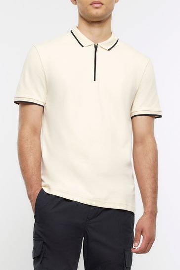 River Island Cream Slim Fit Ecru Tipped Interlock Polo Shirt