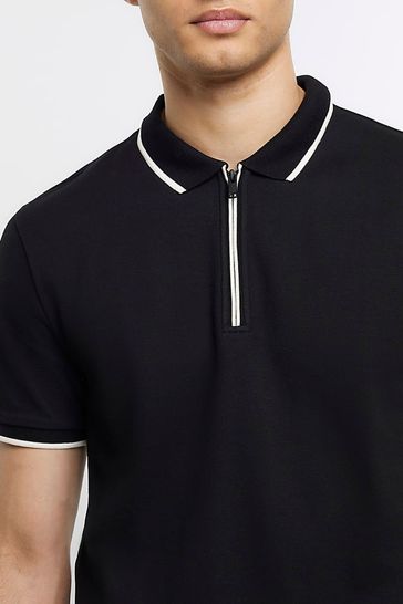 Buy River Island Black Slim Fit Ecru Tipped Interlock Polo Shirt