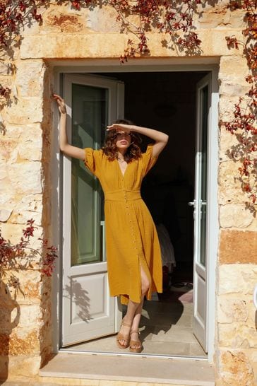By Iris Yellow Mallory Buttoned Midi Dress