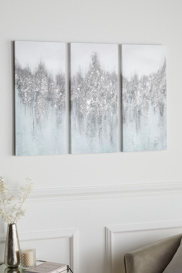 Set of 3 Silver Blue & Silver Abstract Canvases