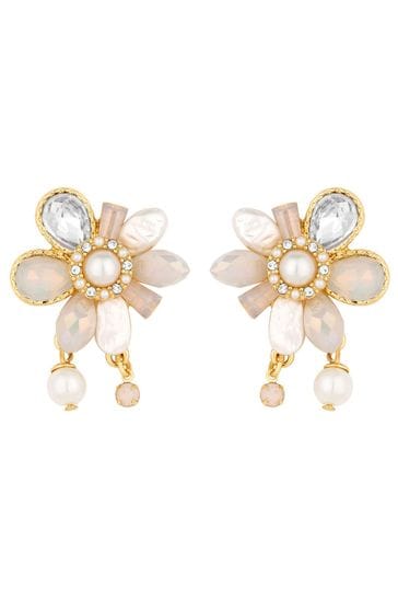 Mood Gold Tone Pearl And Crystal Flower Charm Stud Earrings