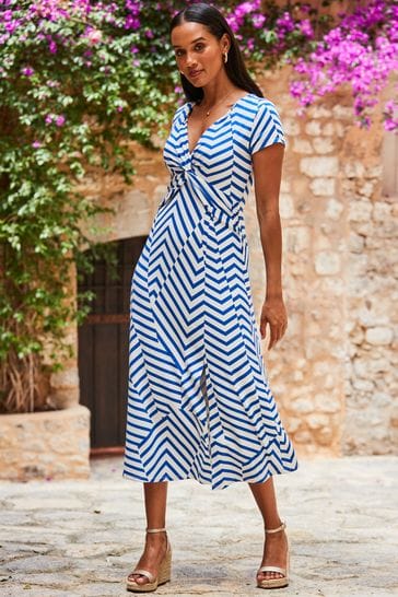 Sosandar Blue white Knot Front Cap Sleeve Fit And Flare Dress