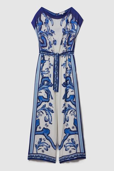 Buy Reiss Blue Diana Tile Print Off The Shoulder Jumpsuit from Next Kuwait