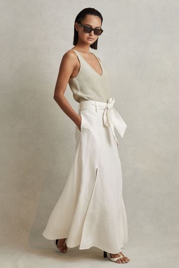 Reiss White Abigail High Rise Linen Midi Skirt