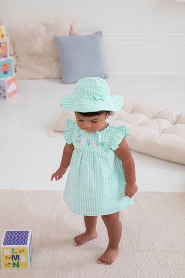 JoJo Maman Bébé Duck Egg 3-Piece Gingham Bunny Embroidered Dress With Knickers & Floppy Hat Set