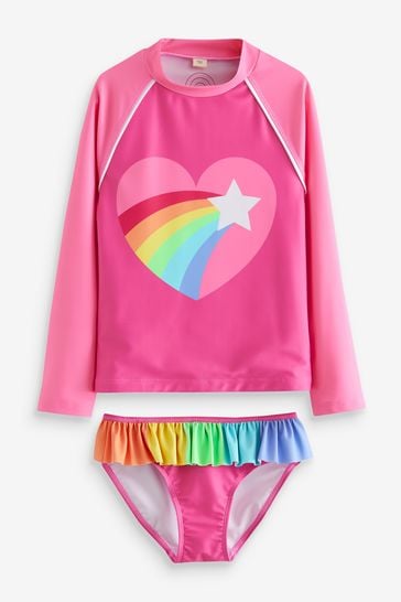 Little Bird by Jools Oliver Pink Long Sleeve Pink Heart Rash Top and Frill Bottoms Swim Set