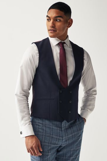 Blue Trimmed Check Suit Waistcoat