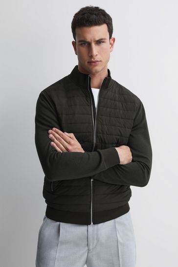 Reiss Forest Green Flintoff Hybrid Quilt and Knit Zip-Through Jacket