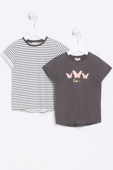 River Island White/Grey Mini Girls Stripe T-Shirts 2 Pack