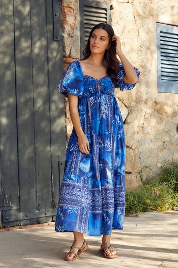 Blue Print Puff Sleeve Maxi Dress
