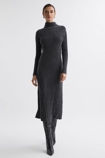 Reiss Charcoal Cady Fitted Knitted Midi Dress