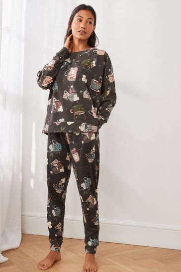 Pijama de manga larga de algodón gris carbón