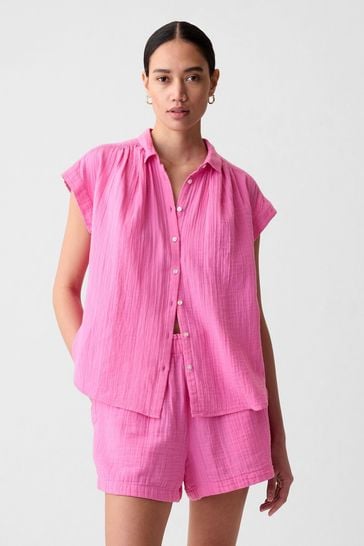 Gap Pink Crinkle Cotton Short Sleeve Shirt