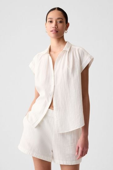 Gap Off-White Crinkle Cotton Short Sleeve Shirt