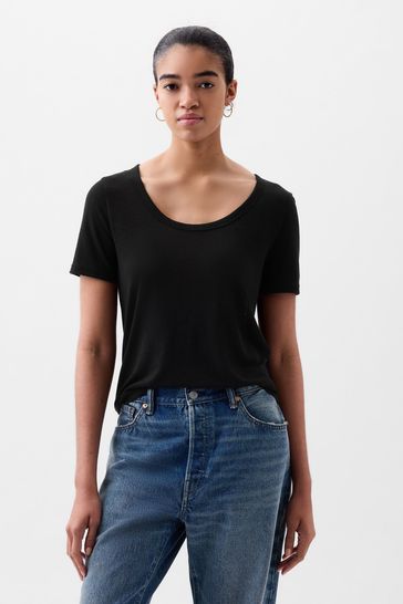 Gap Black Linen Blend Short Sleeve Scoop Neck T-Shirt