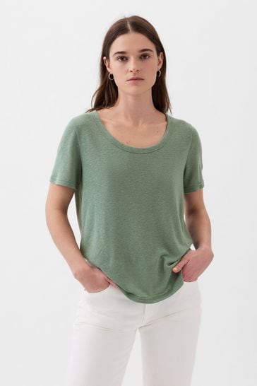 Gap Green Linen Blend Short Sleeve Scoop Neck T-Shirt