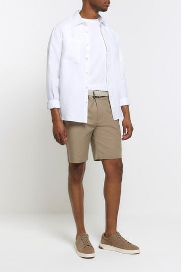River Island Brown Ecru Belted Chinos Shorts