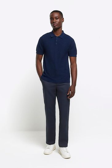 River Island Blue Textured Knitted Polo Shirt