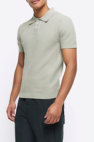 River Island Green Textured Knitted Slim Fit Polo Shirt