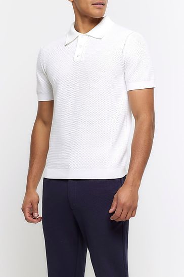 River Island White Textured Knitted Slim Fit Polo Shirt
