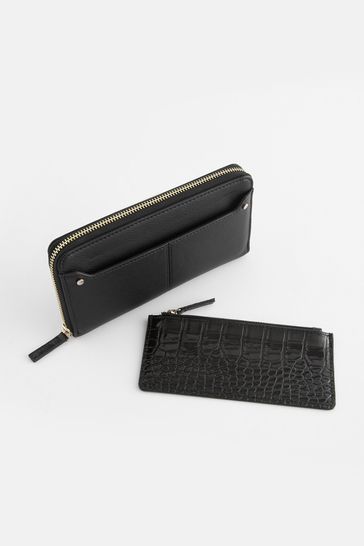 Buy Black Patent Croc Effect Large Purse With Pull Out Zip Coin