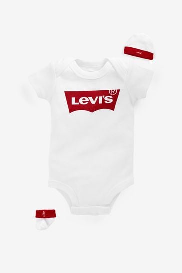 Levi's® White Classic Kids Batwing Infant Hat, Bodysuit And Booties Set