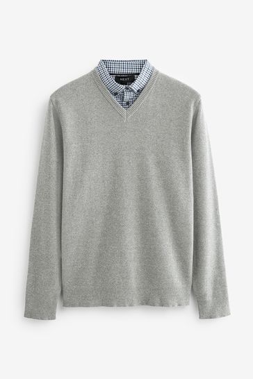 Light Grey Gingham V V Neck Mock Shirt Jumper