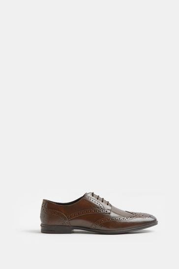 River Island Dark Brown Lace-Up Leather Brogue Derby Shoes