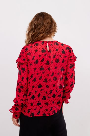 Buy Preen Red Black Floral Spot Ruffle Long Sleeve Blouse from