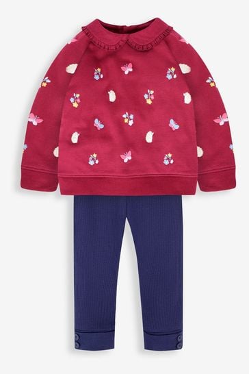 JoJo Maman Bébé Berry Girls' Hedgerow Embroidered Sweatshirt With Collar & Leggings Set
