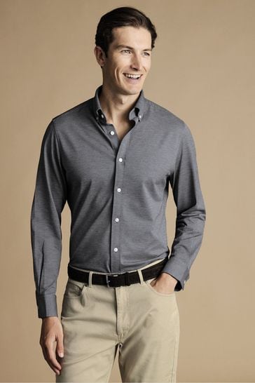 Charles Tyrwhitt Grey Four Way Stretch Button Down Jersey Shirt