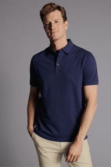 Charles Tyrwhitt Blue Solid Short Sleeve Cotton Tyrwhitt Pique Polo Shirt